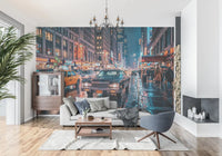 NYC rain scene wall mural with yellow taxi and city lights