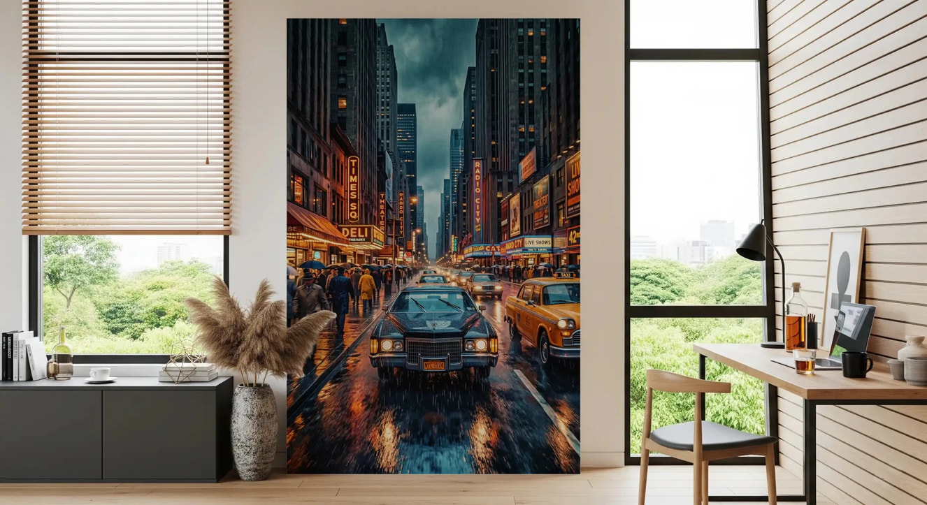 Office room vintage NYC street wall mural with neon signs