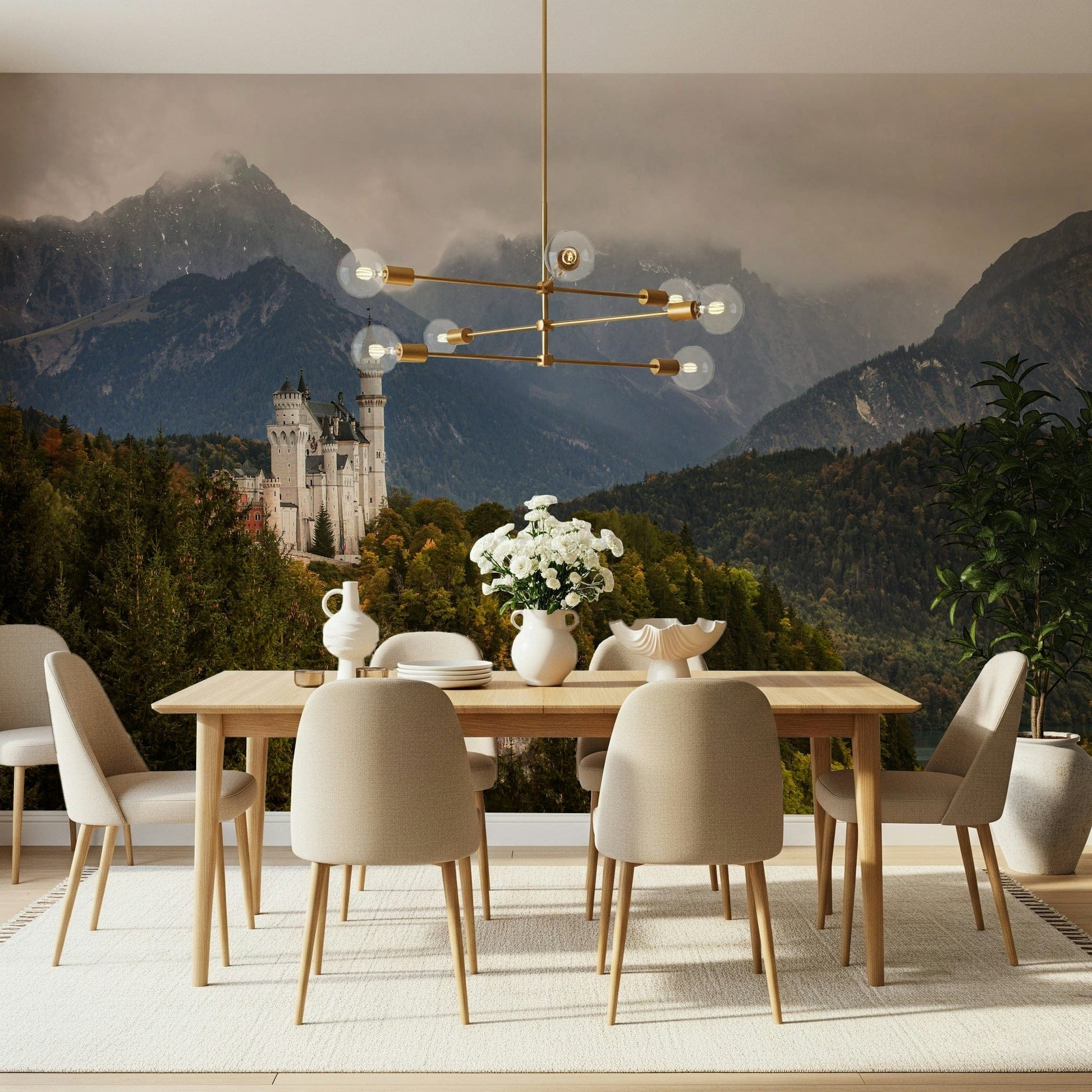 Fantasy-inspired wall covering with castle view and dreamy pastel skies.