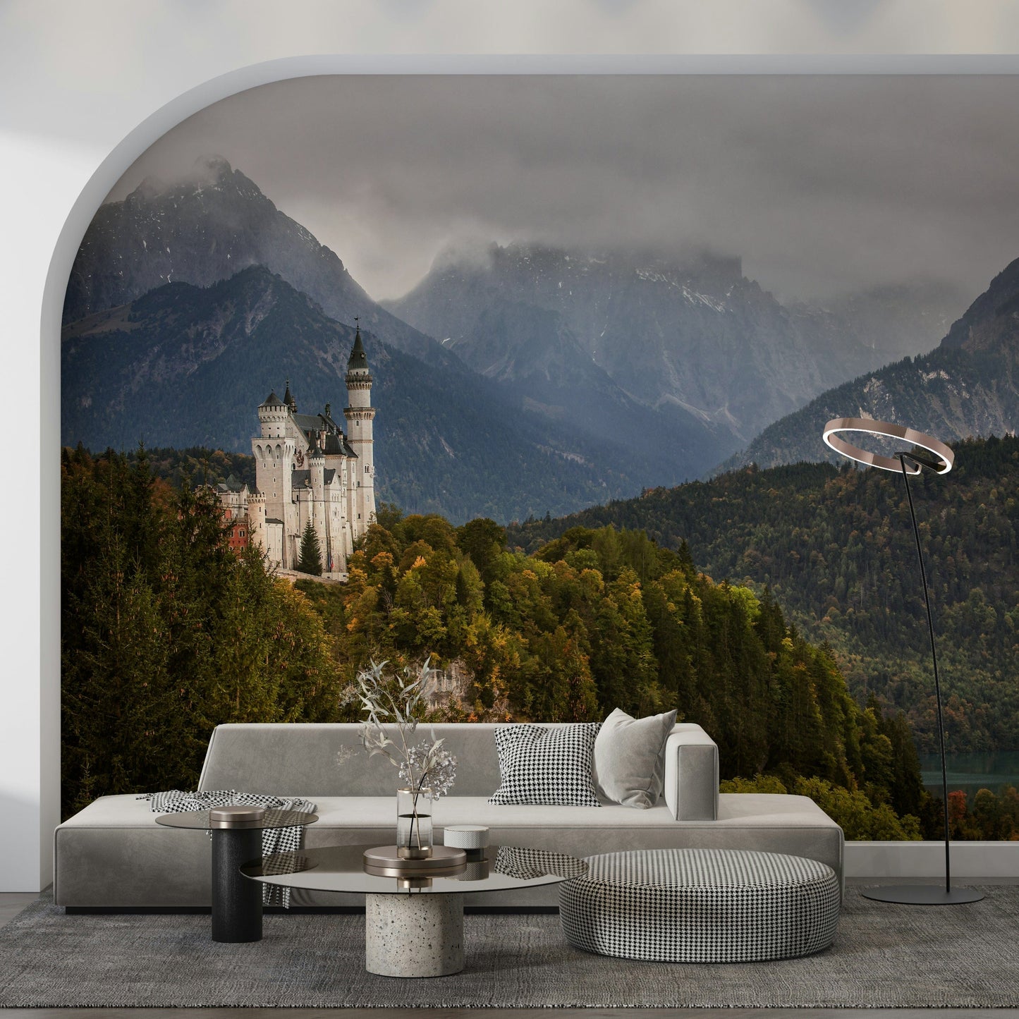 Whimsical castle wall mural creating a magical, storybook interior vibe.