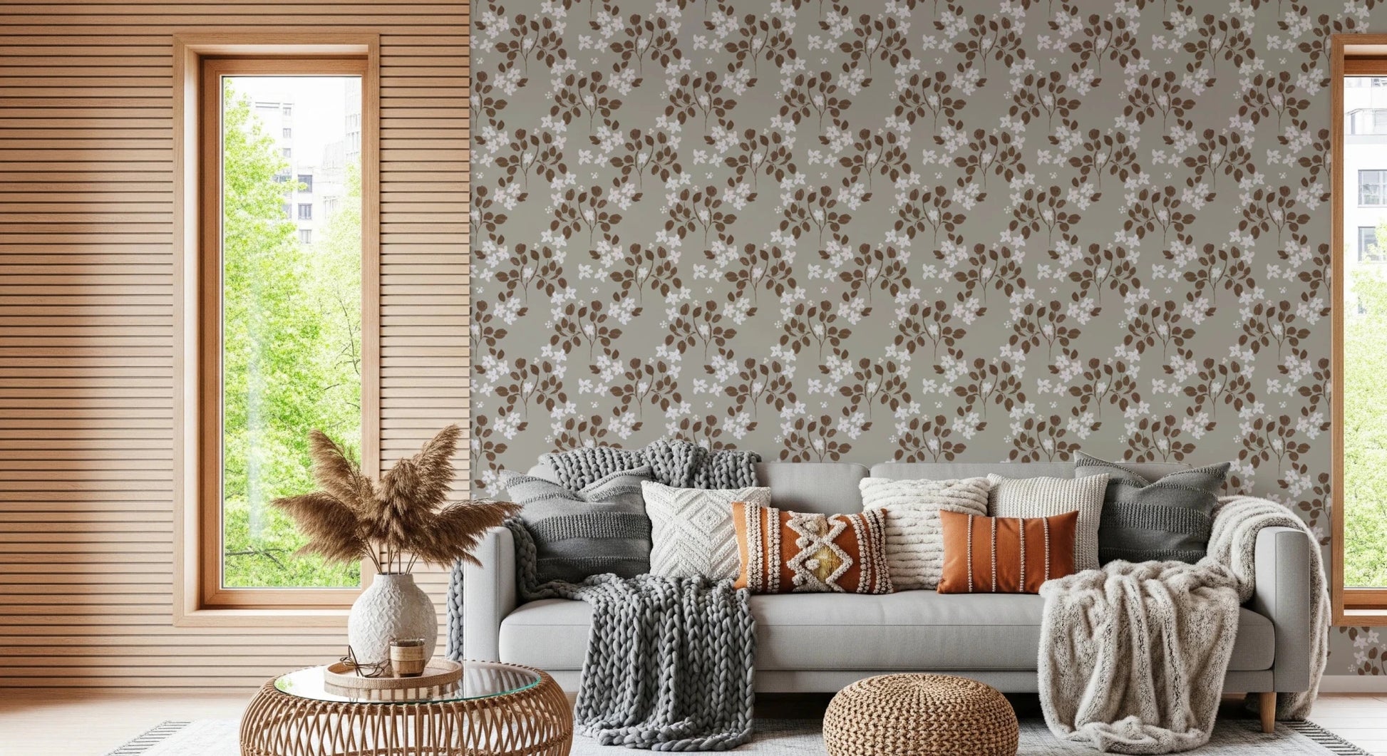 Neutral Bloom Rustic Grey white oil painted Pattern Wallpaper⁠