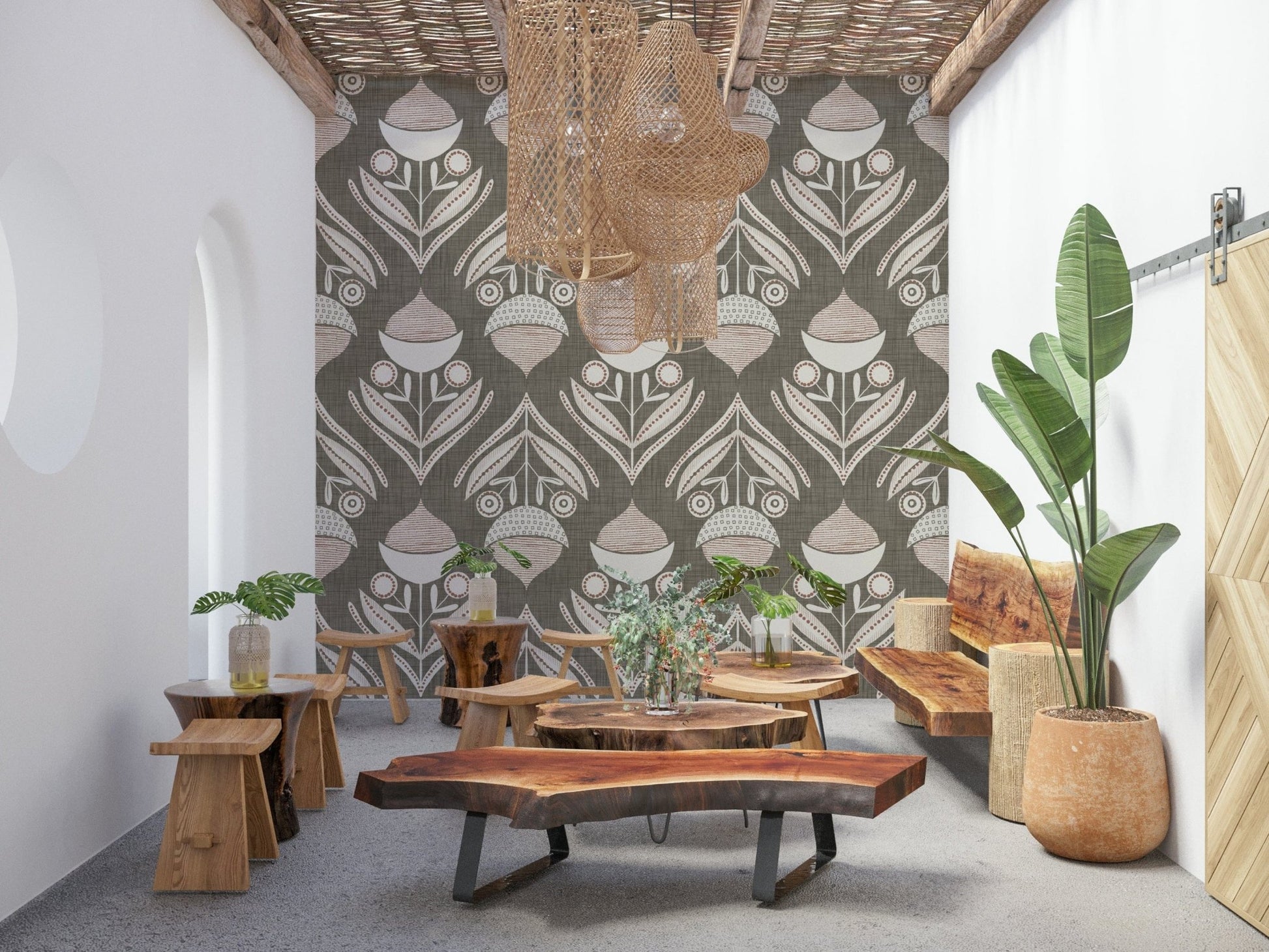 Artistic textile-style design with stylized flowers and subtle dotted textures over gray