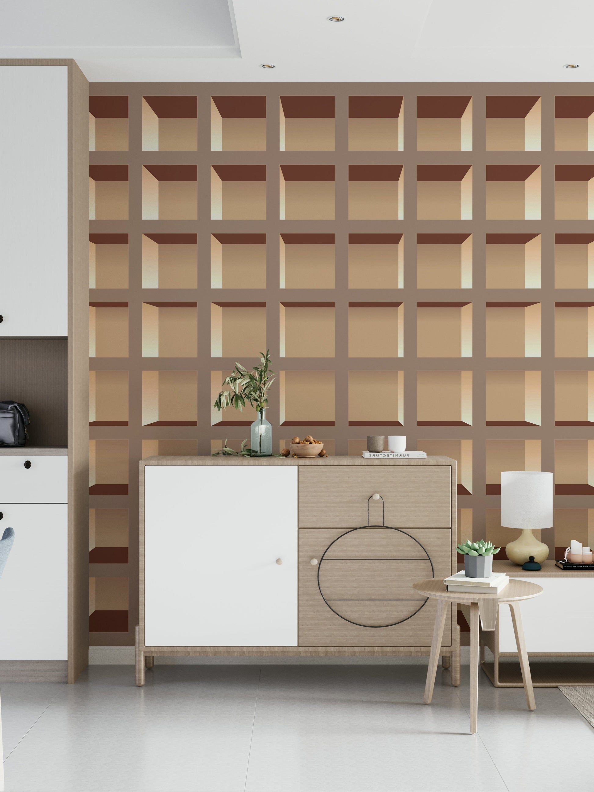 Faux bookshelf wall mural behind sofa in apartment living room, neutral color