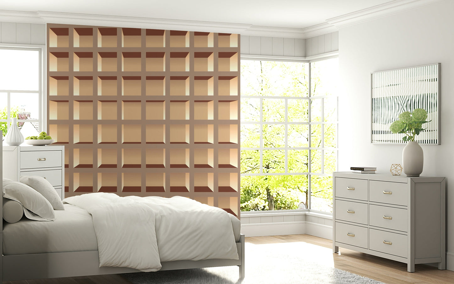 Faux library shelves wall mural in study room, minimalist neutral palette