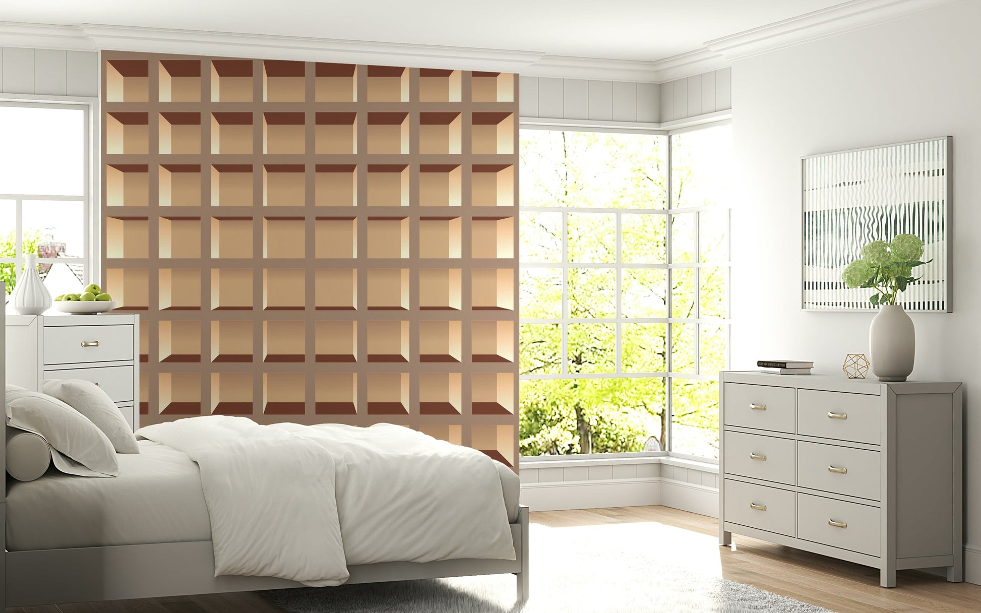 Faux library shelves wall mural in study room, minimalist neutral palette