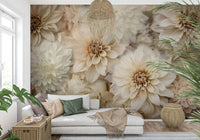 A graceful subtle bloom wall mural in cool, neutral tones.

