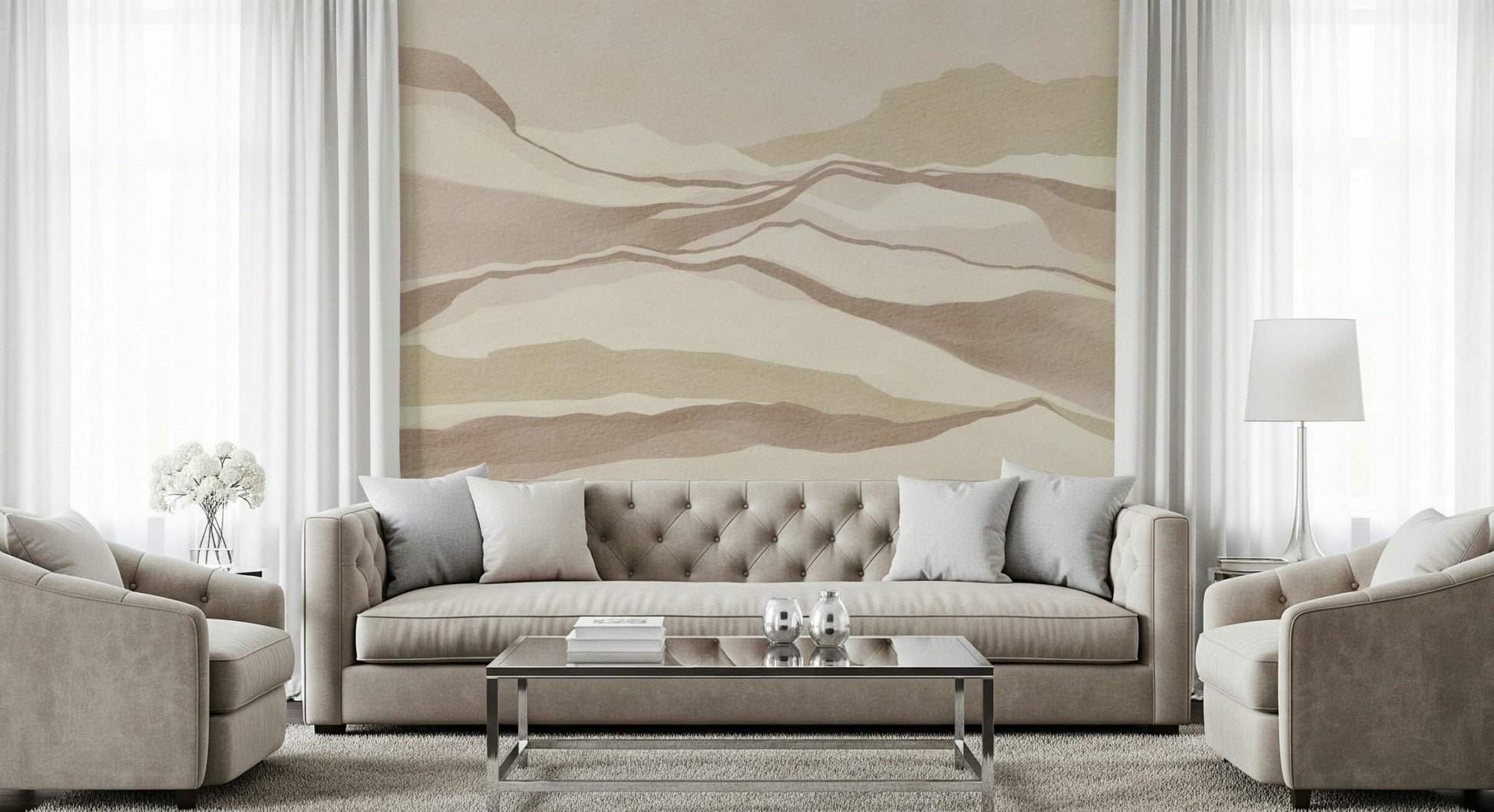Peaceful wall mural illustrating washed out valley views titled Neutral Desertscape.