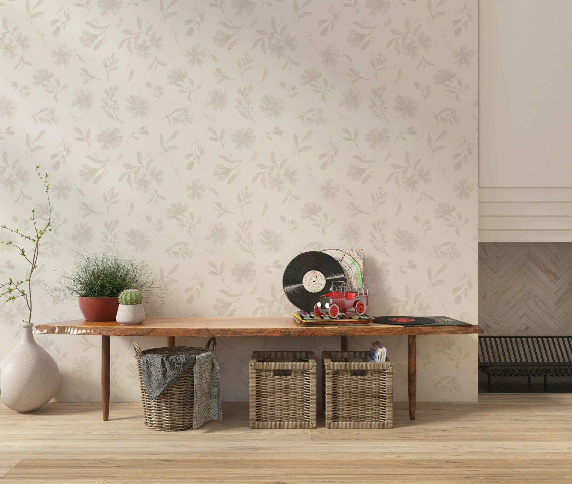 Calming Neutral Flora Cloud Dancer White wallpaper mural decor.
