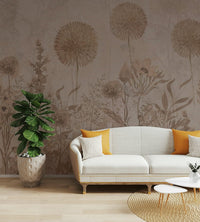 A peaceful wall mural with a garden of flowers.

