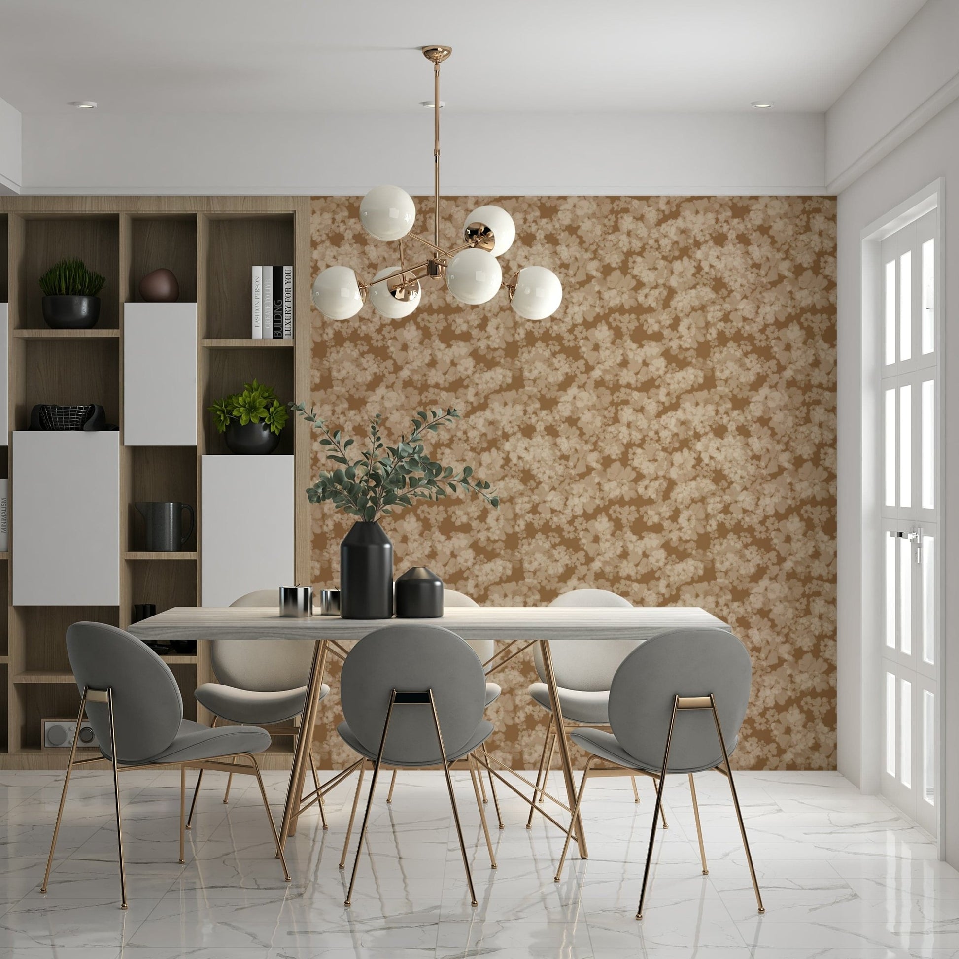 Dusty rose bloom wall mural, Neutral Floral Haze, elegant neutral interior finish.
