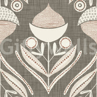 Earthy floral wallpaper blending cream petals and beige linework on a woven gray surface