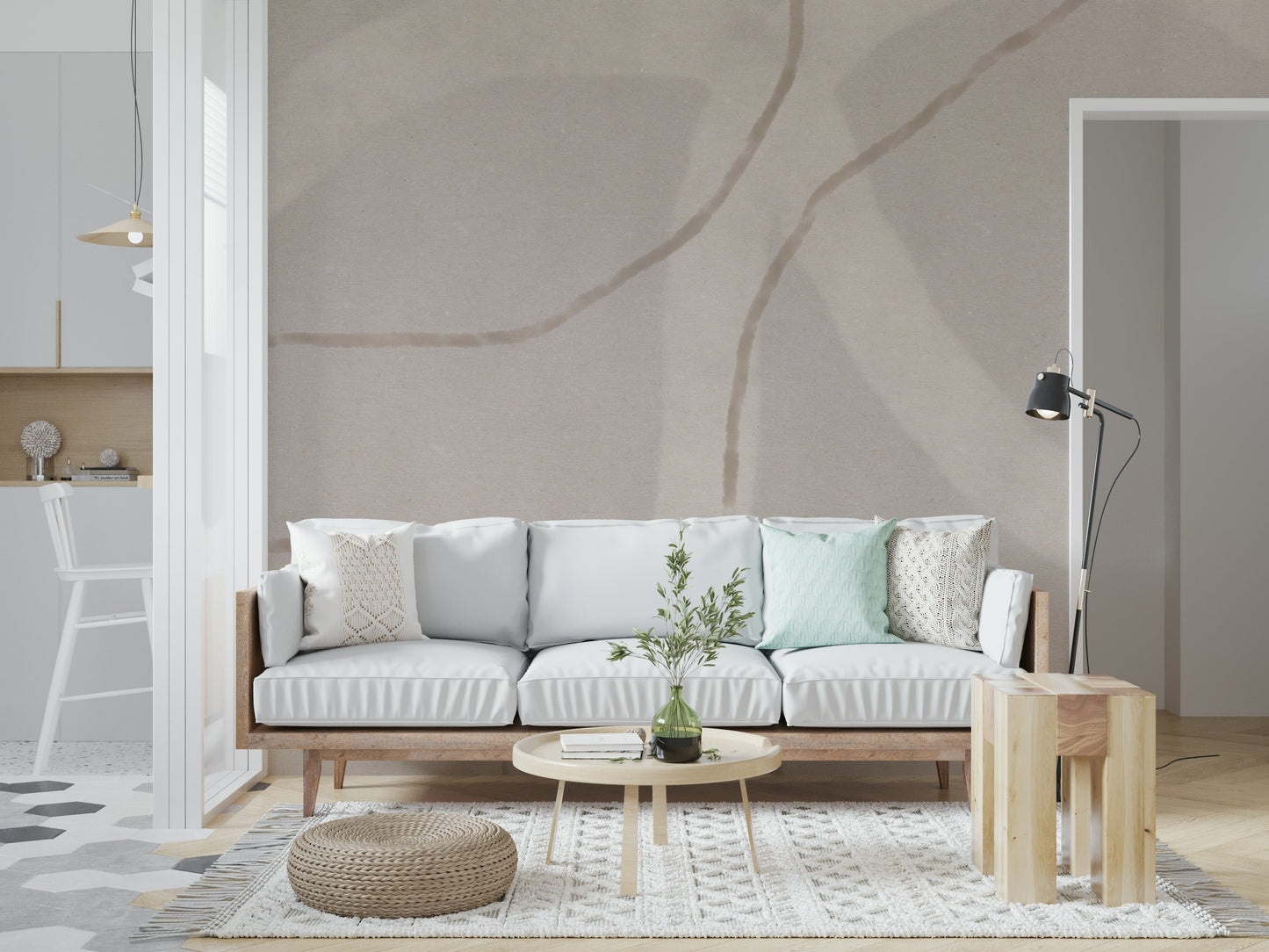 An artistic minimalist form mural for home decor.

