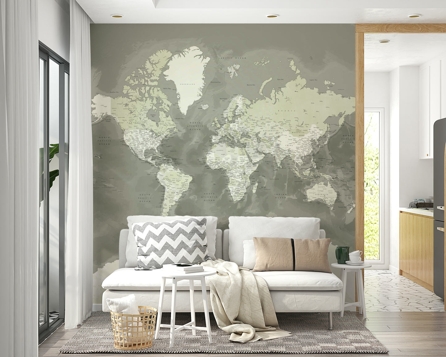 Neutral Green Watercolor World Map Wallpaper