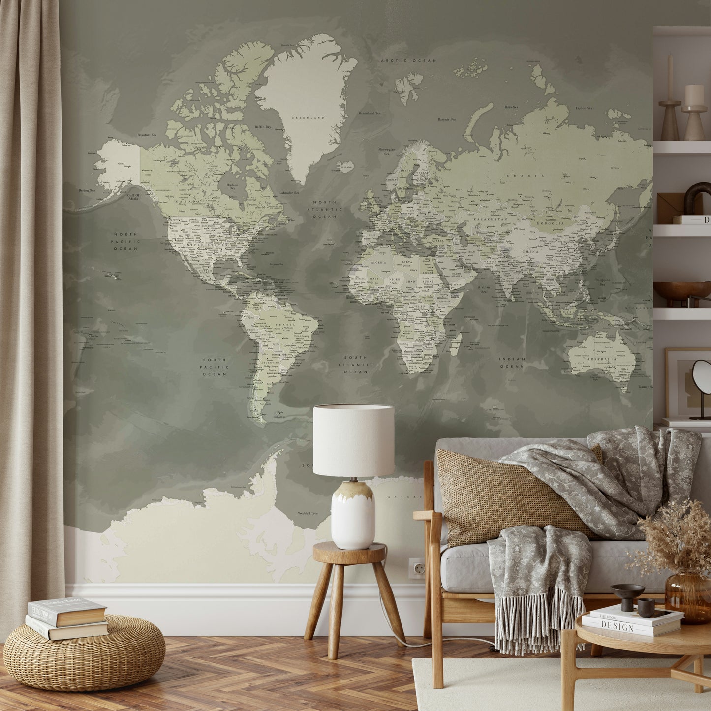 Neutral Green Watercolor World Map Wallpaper