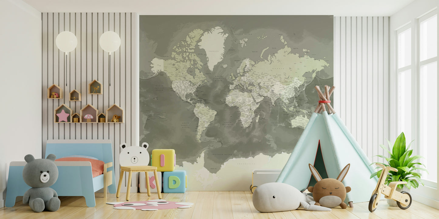 Neutral Green Watercolor World Map Wallpaper