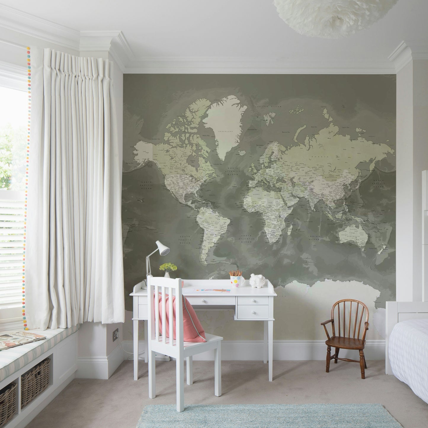Neutral Green Watercolor World Map Wallpaper