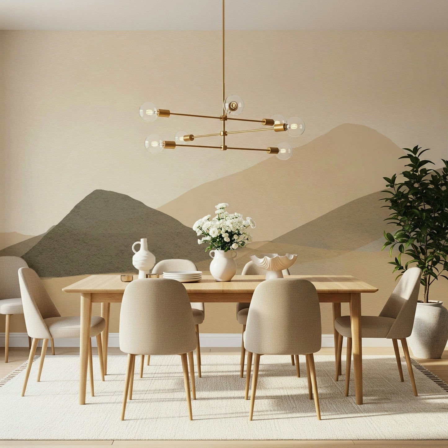 Neutral Hues Minimalist desert mountain wallpaper mural, serene beige tones.