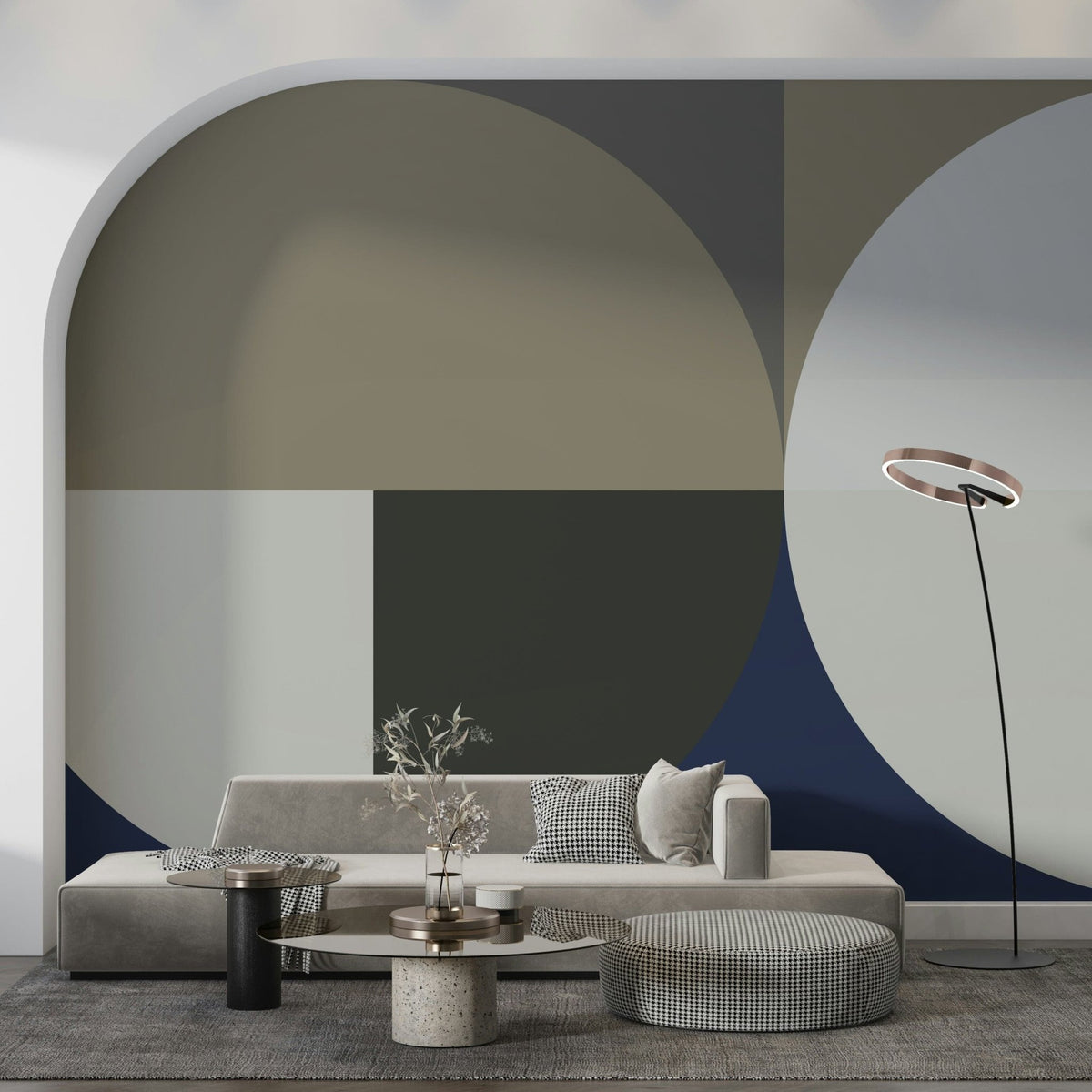 Neutral Tones Balance wall mural with khaki and navy circles behind a grey sofa and houndstooth ottoman