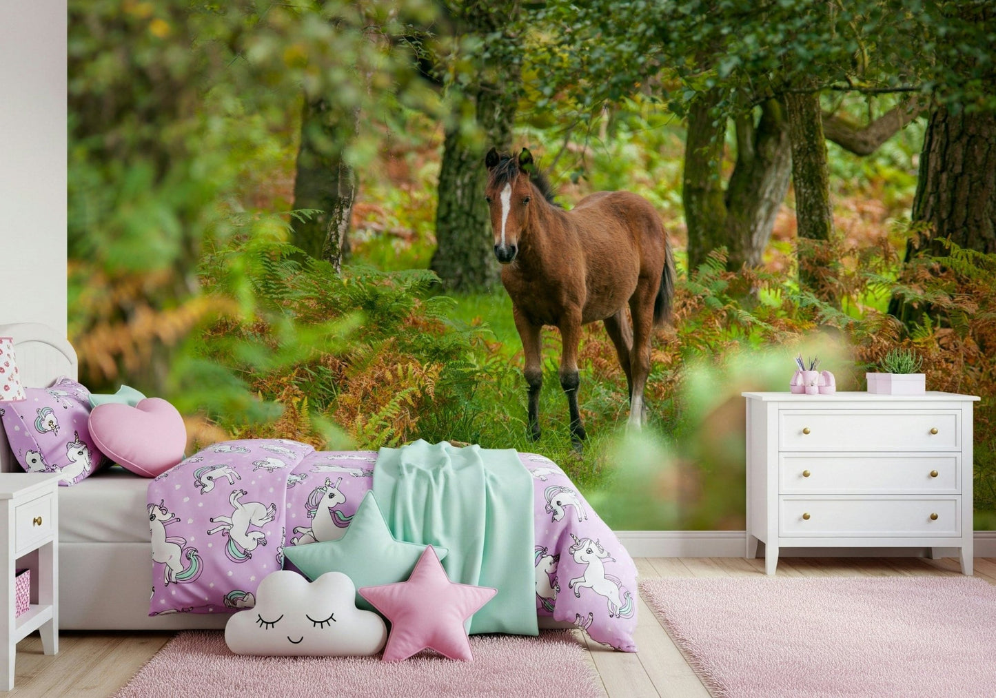 Forest horse view covers wall in cozy bedroom