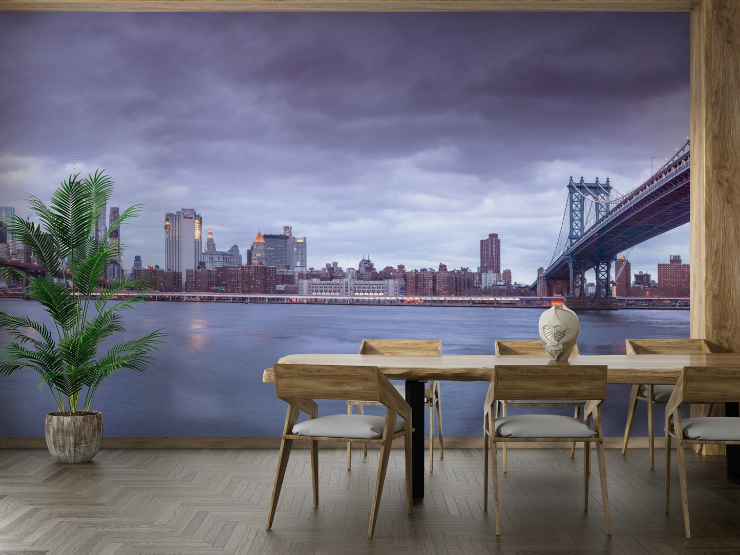 The image shows a full wall with several iconic New York City bridges.

