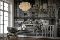 Manhattan skyline mural featuring Brooklyn Bridge

