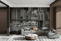 A detailed mural of the Brooklyn Bridge and NYC skyline

