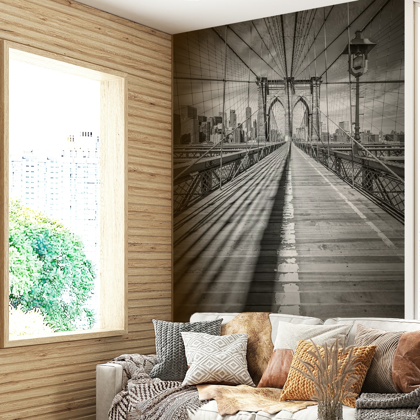 Stunning view of Brooklyn Bridge in mural form for urban interiors.

