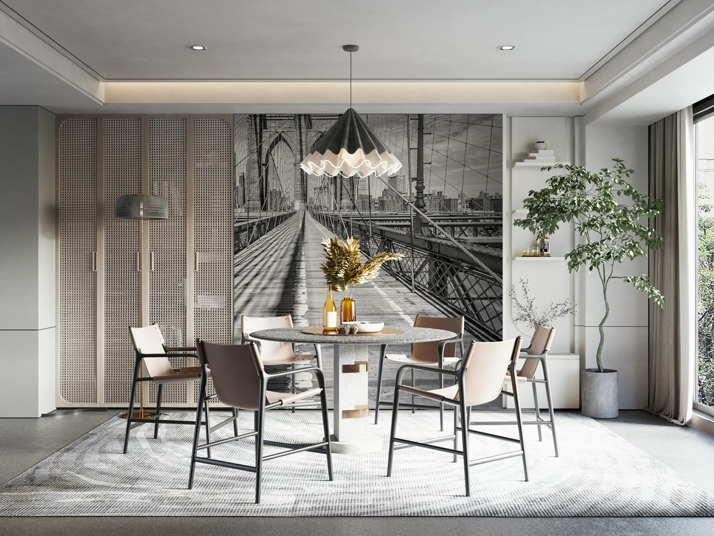 Black-and-white Brooklyn Bridge mural for a modern city vibe.

