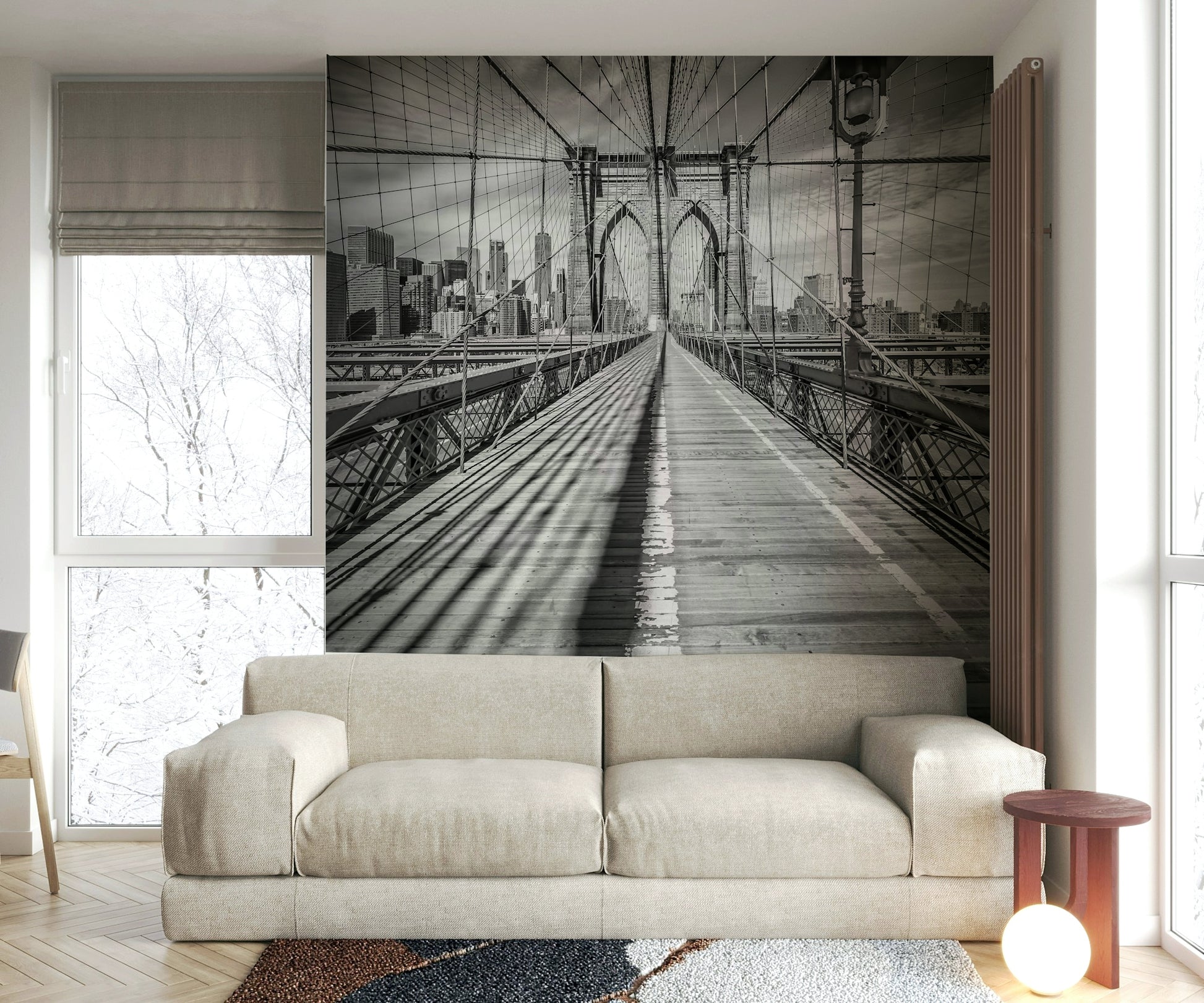 Urban Brooklyn Bridge wall mural with stunning black-and-white imagery.

