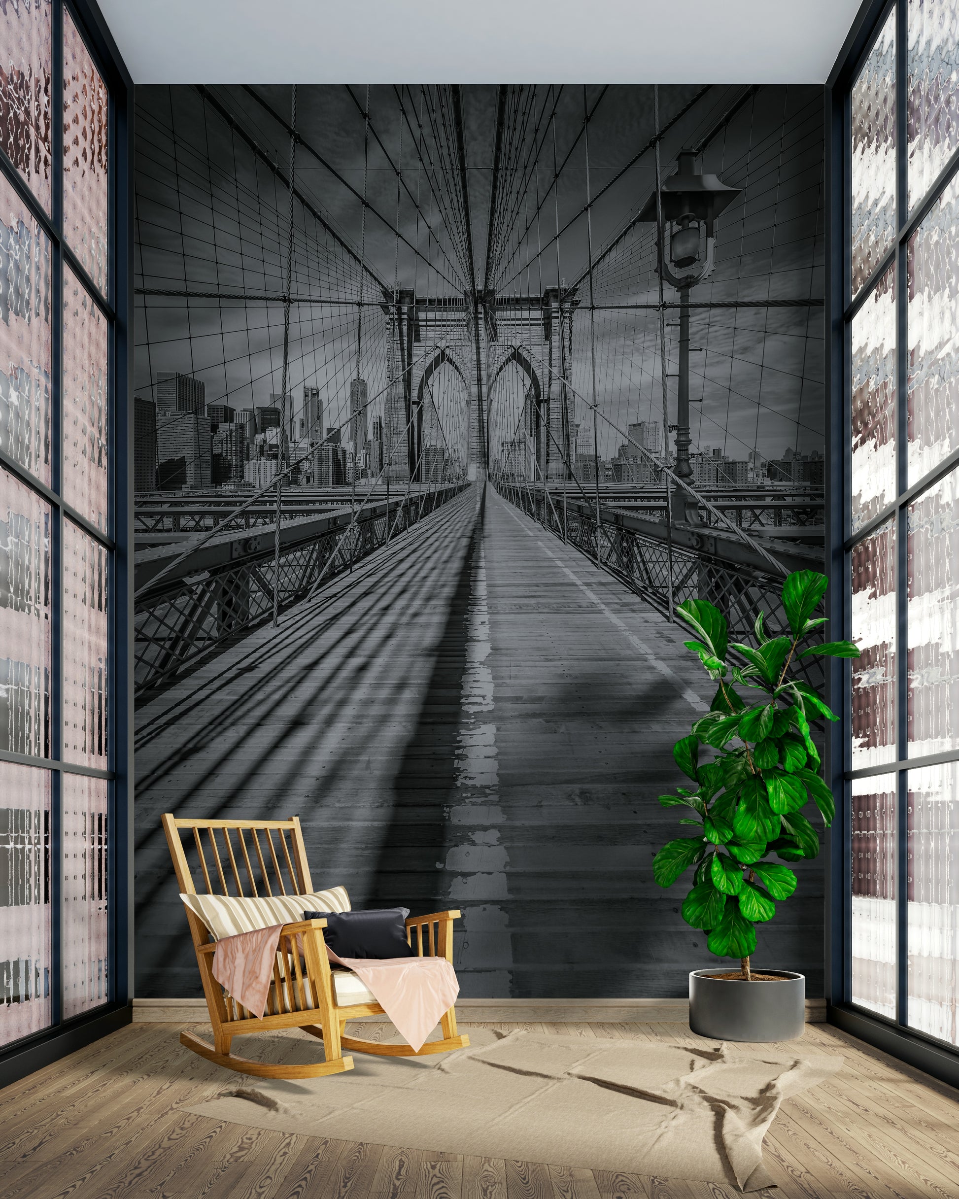 Iconic Brooklyn Bridge black-and-white mural for urban spaces.

