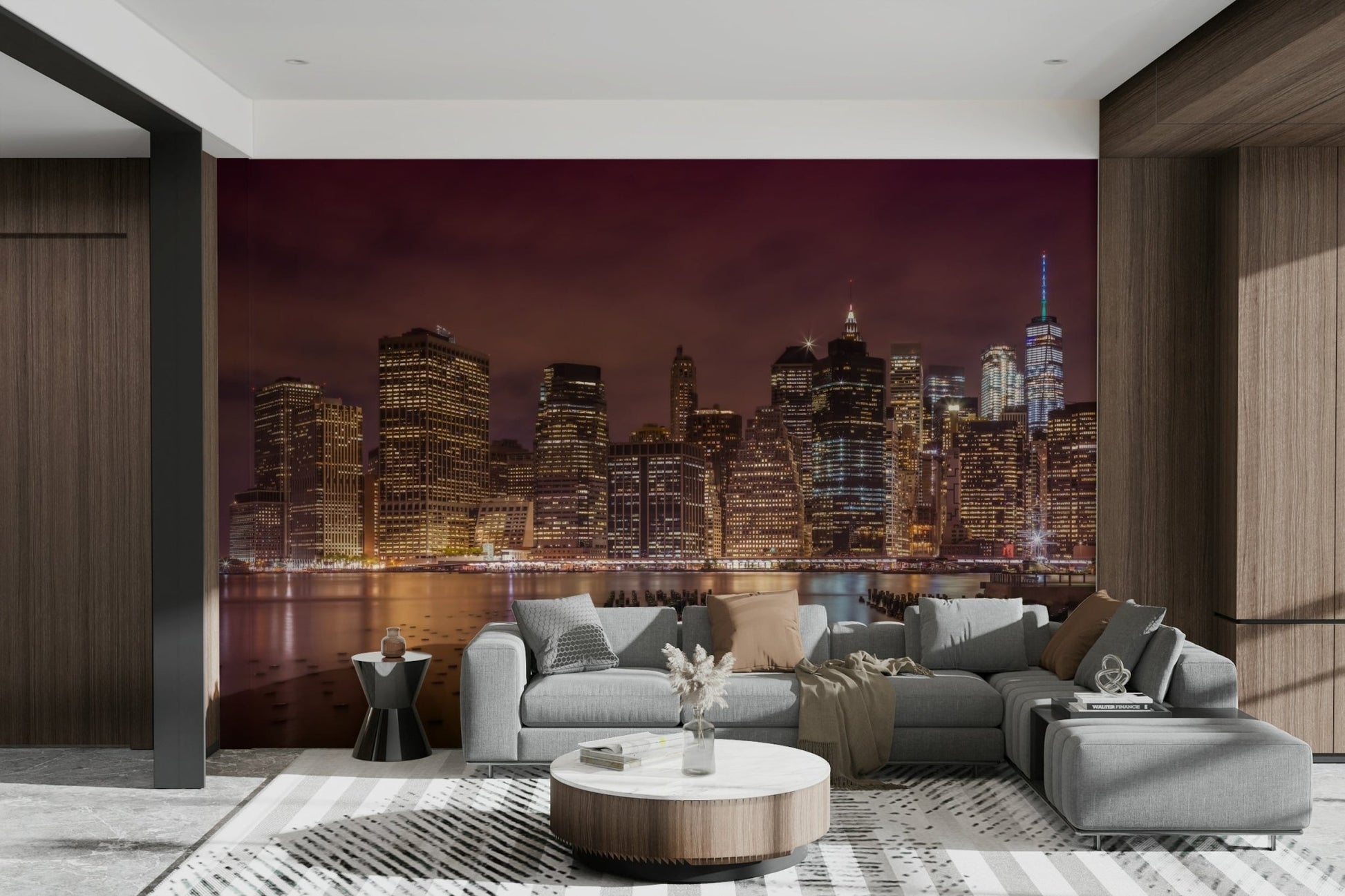 Glowing New York City skyline at night on wall mural

