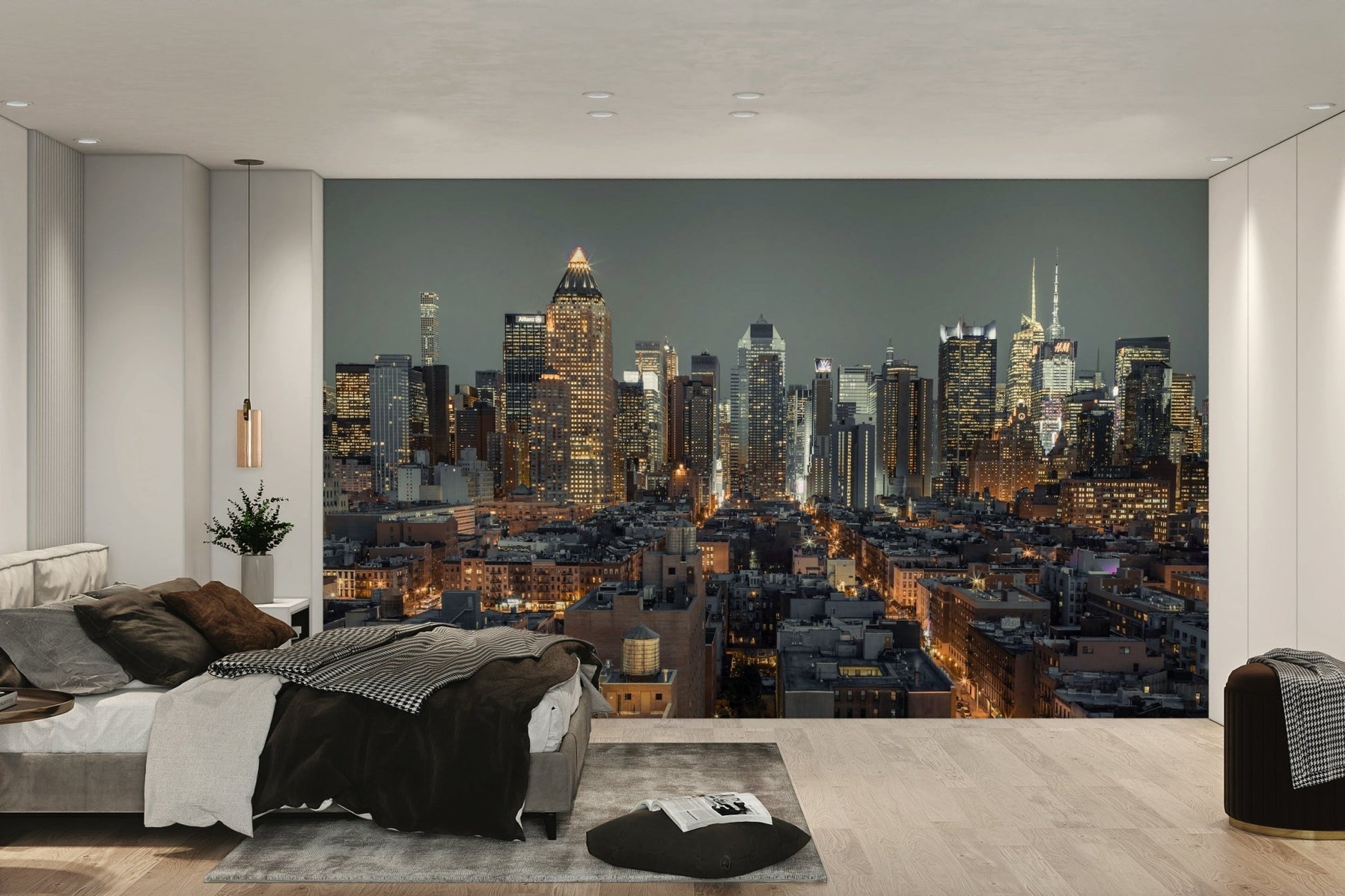Bedroom wall with a dark NYC nightscape mural.

