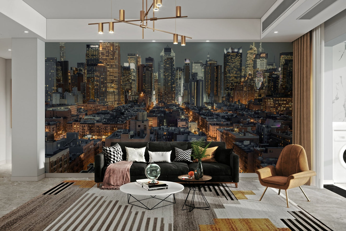 Sleek urban wallpaper in a contemporary room.

