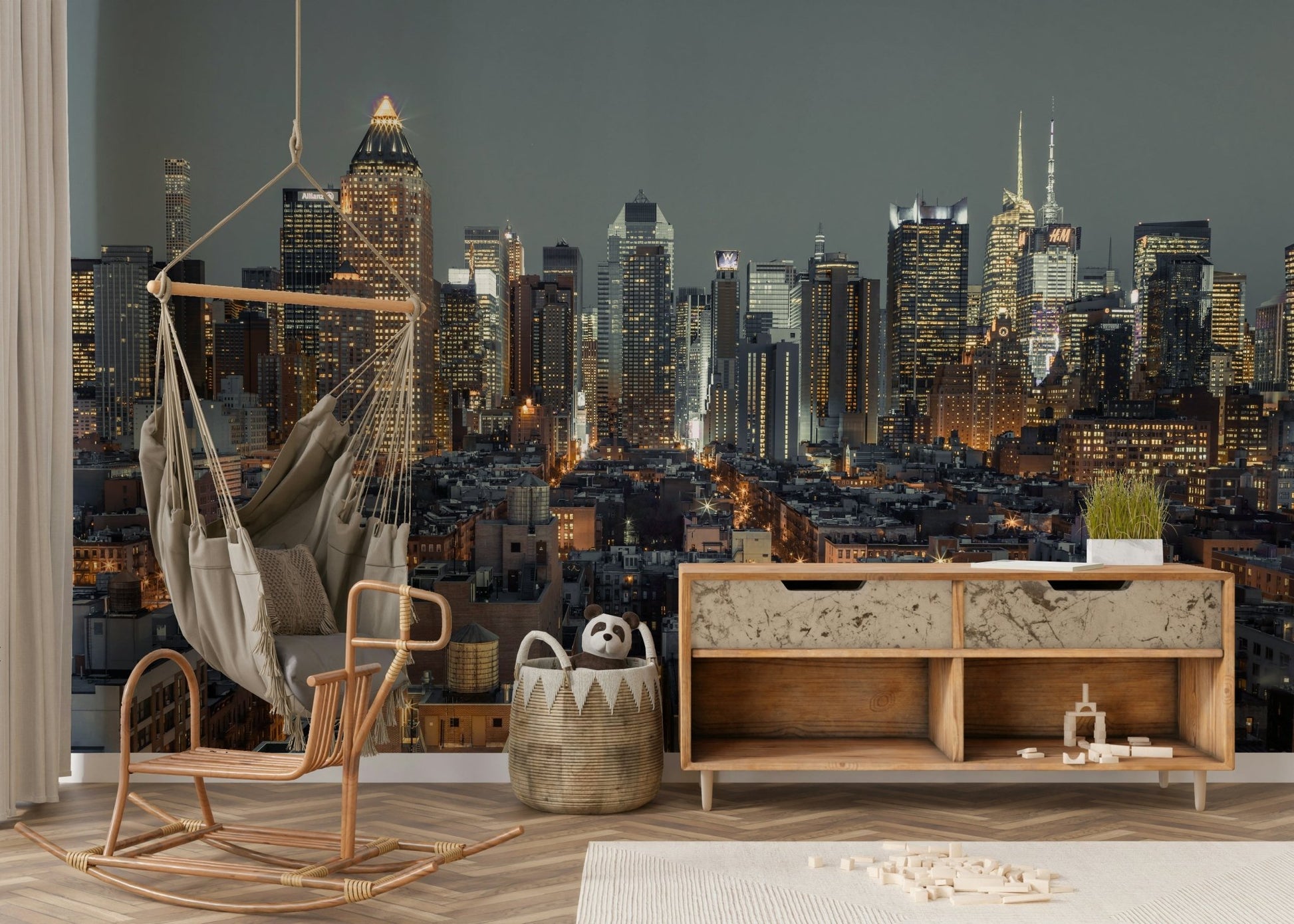Modern room with NYC night wallpaper for wall.

