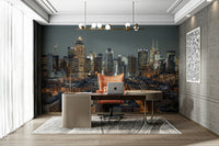 Office room featuring a glowing city wallpaper.

