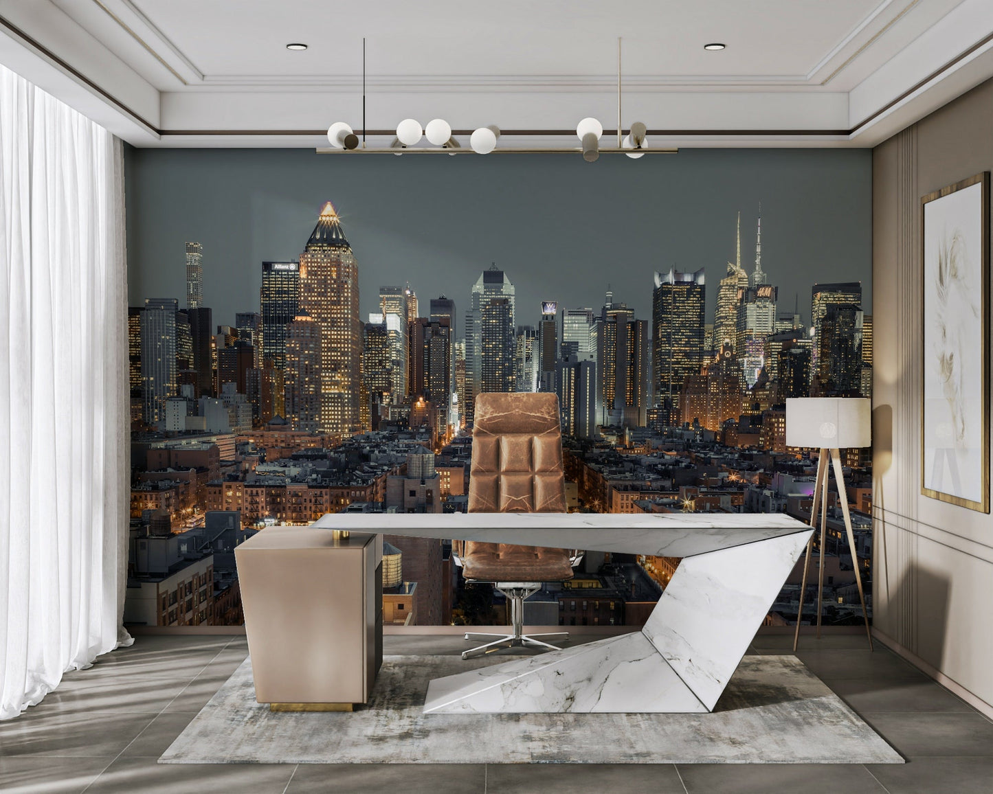 Corporate room with a professional city mural.

