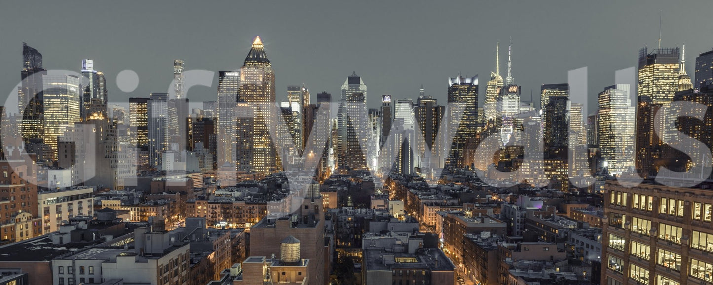 Urban charm of New York City’s skyline captured in a stunning night mural.

