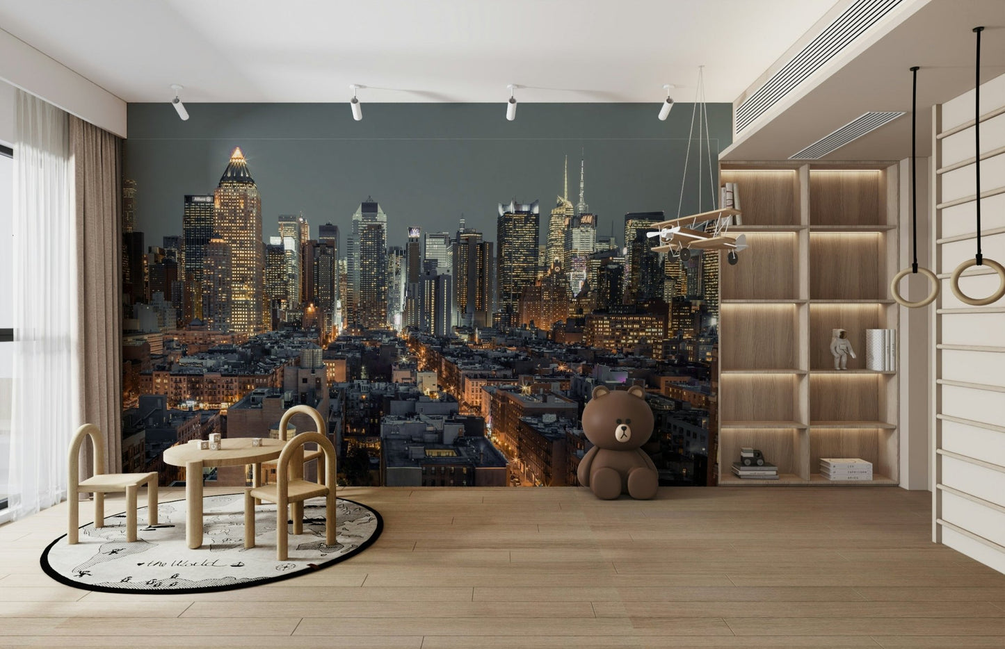 Kids room with a New York skyline mural.


