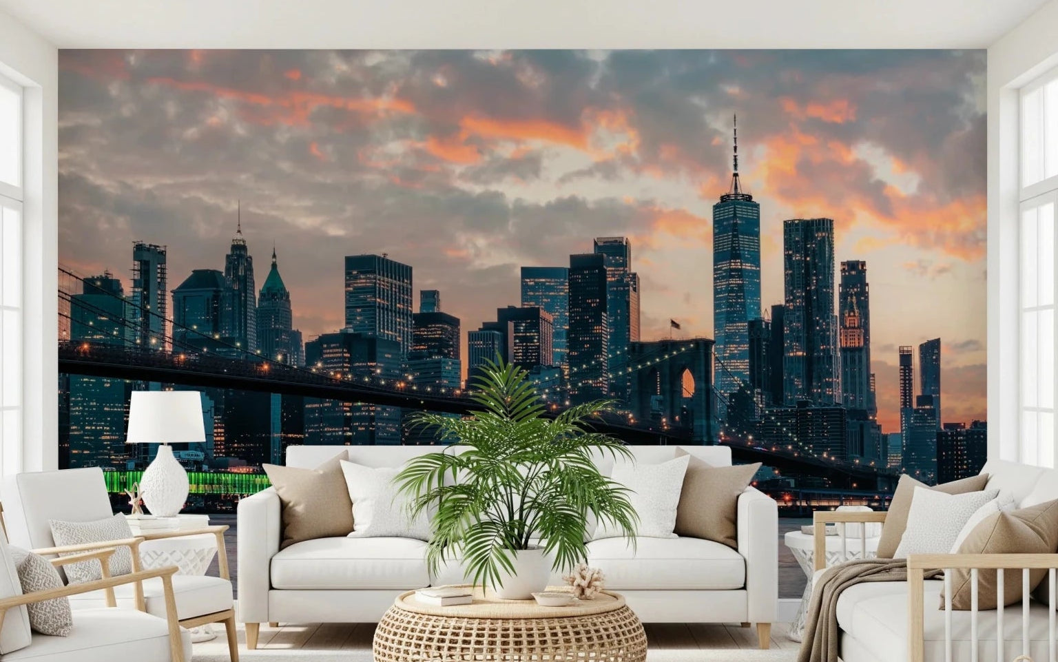 New York In The Evening wallpaper mural of the sunset Manhattan skyline behind a white sofa and armchairs