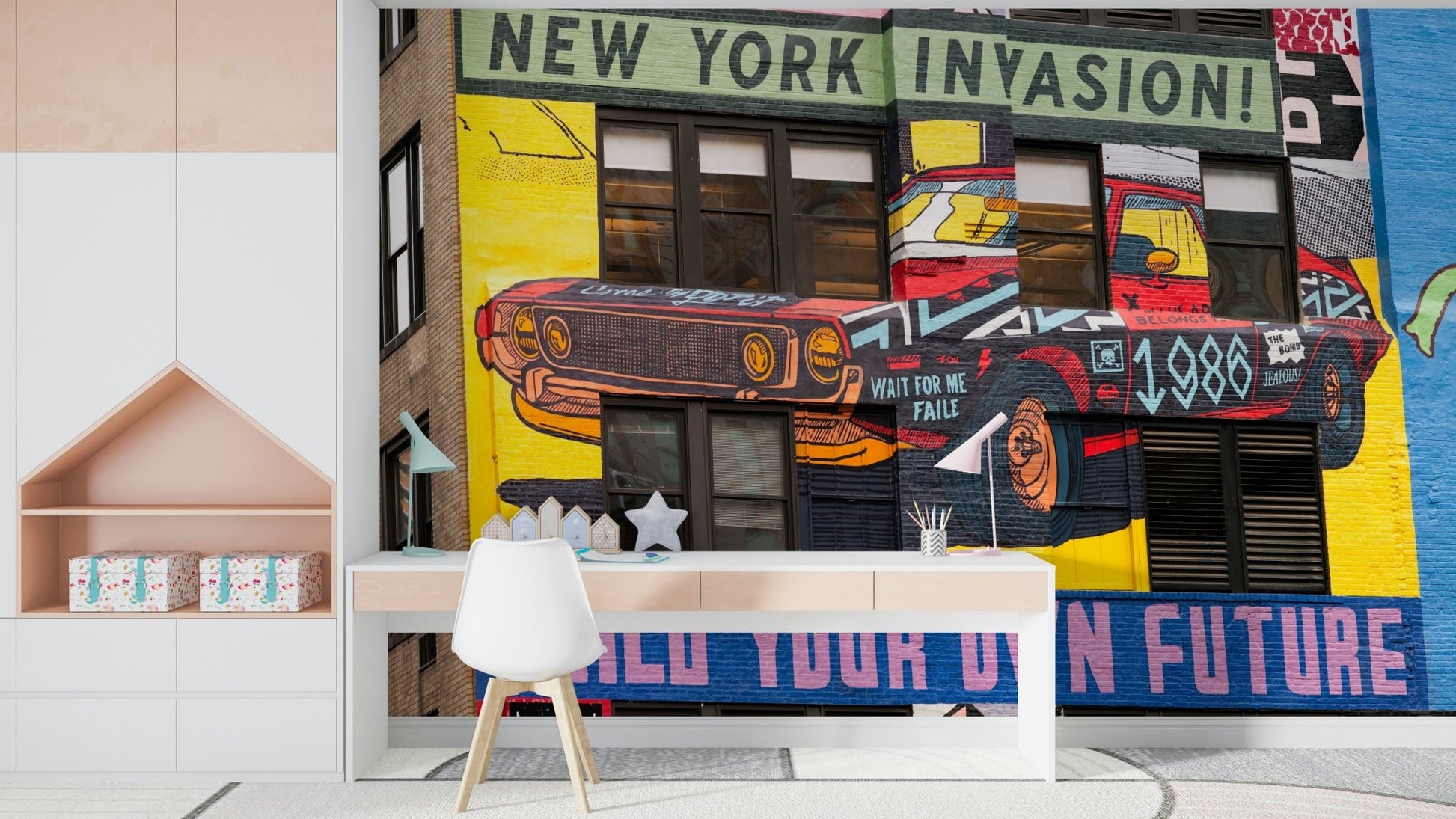 Mural with vintage car and urban rebellion vibe

