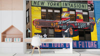 Mural with vintage car and urban rebellion vibe

