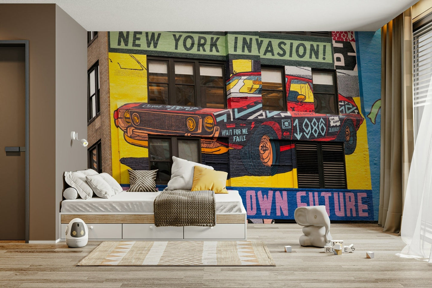 “Build Your Own Future” mural with race car imagery

