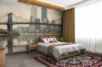 The skyscrapers and buildings are brightly lit with many windows glowing.
