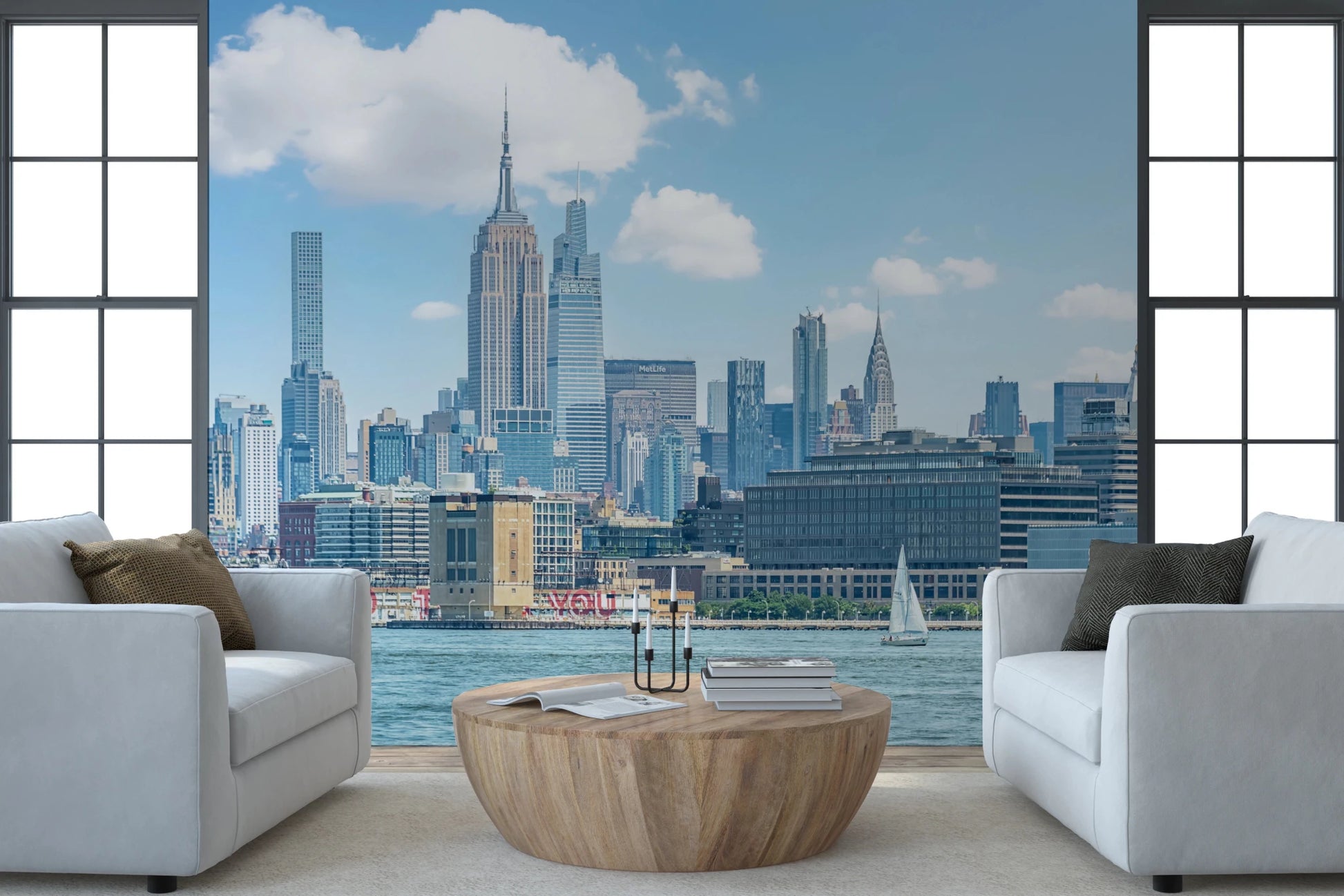 Artistic mural wallpaper presents a watercolor-style interpretation of the famous New York City skyline in soft tones.