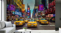 New York's Urban Pulse mural of Times Square taxis above a white sofa in a bright modern living room