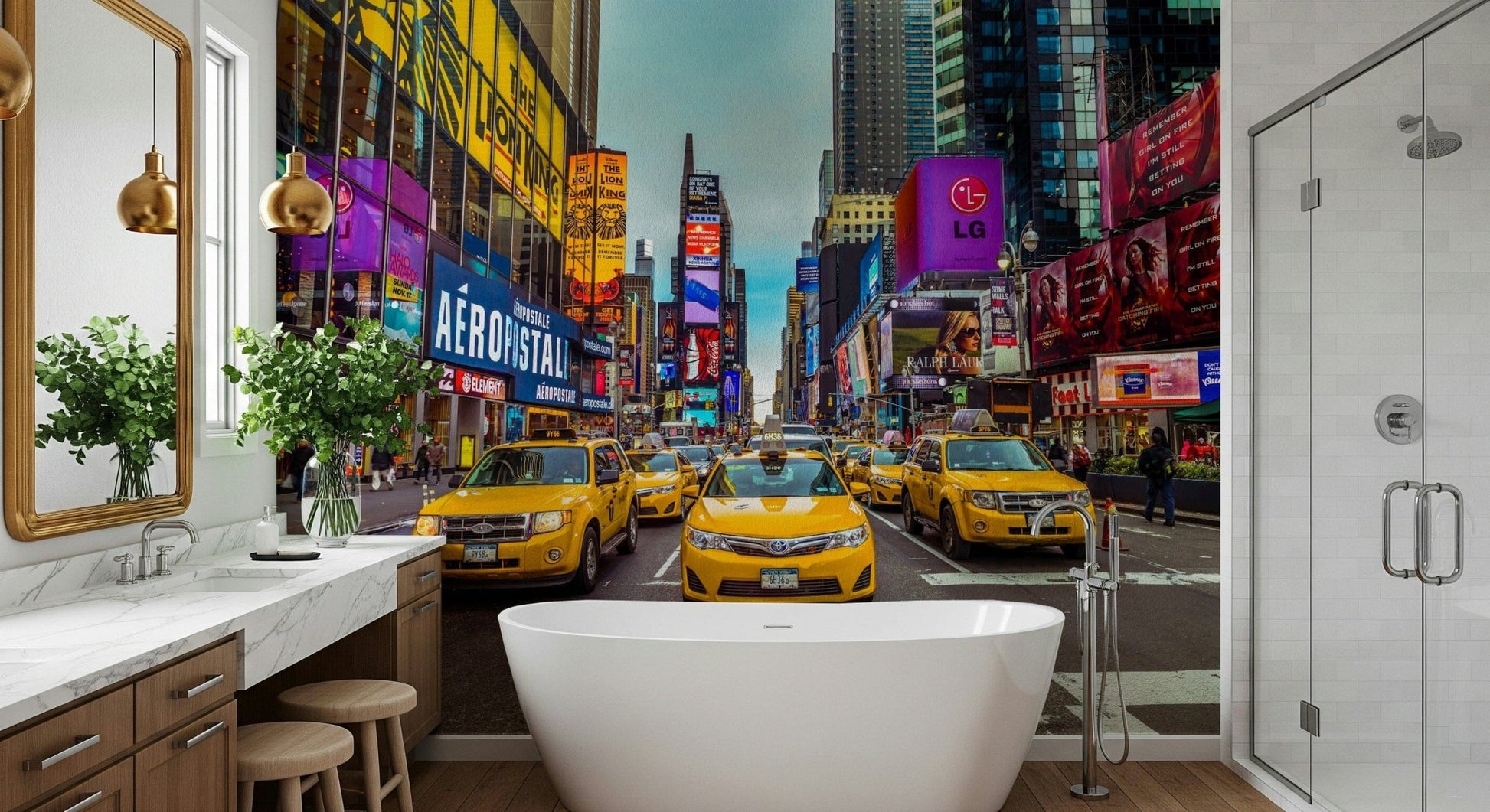 New York's Urban Pulse mural of yellow cabs in Times Square in a bathroom with freestanding tub