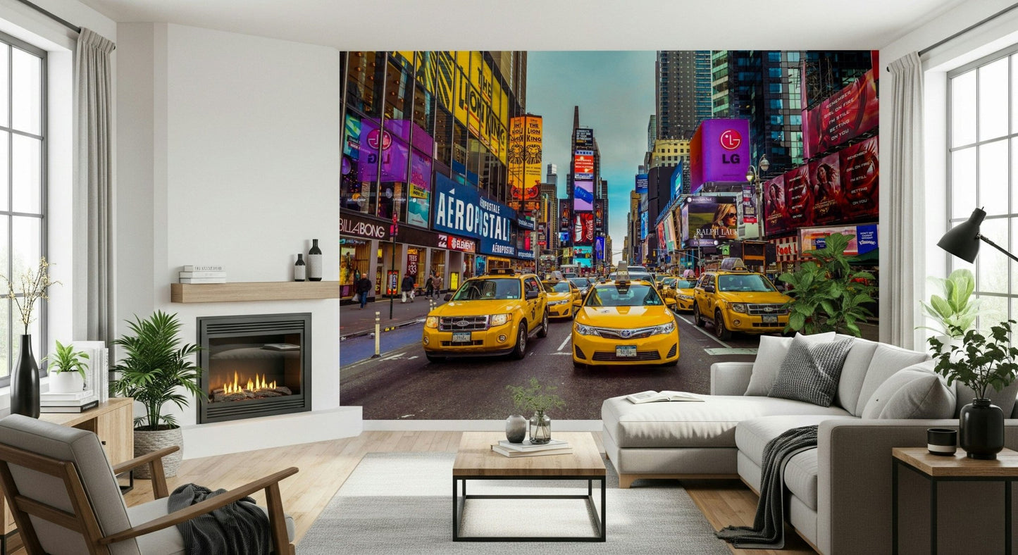 New York's Urban Pulse mural of Times Square taxis in a living room with white sectional and fireplace
