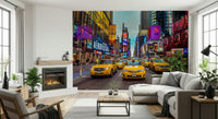 New York's Urban Pulse mural of Times Square taxis in a living room with white sectional and fireplace