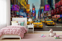 New York's Urban Pulse mural of Times Square taxis in a pink girls room with unicorn toy and tea set