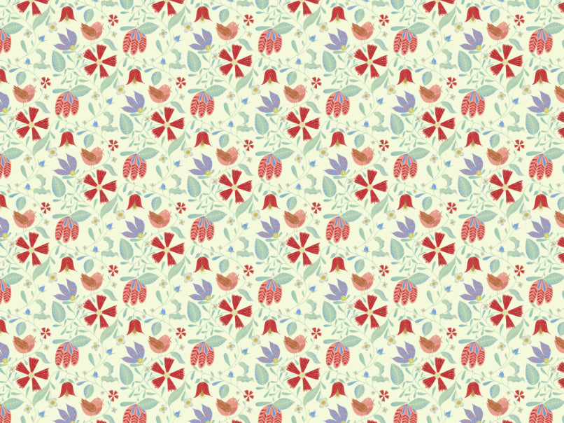 Folksy Birds Wallpaper in your room — zoomed